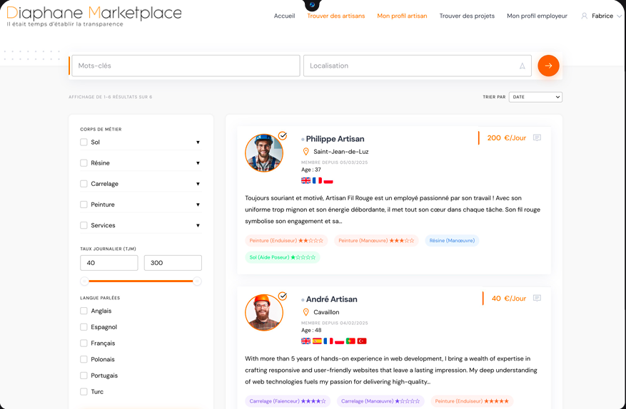 Candidats disponibles côté employeur sur la marketplace Diaphane